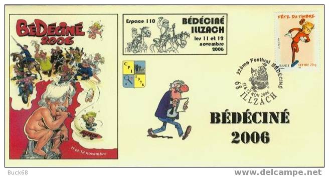 BEDECINE 2006 ILLZACH Enveloppe+flamme+cachet Timbre SPIROU CAUVIN & TUNIQUES BLEUES & AGENT 212 (09) - Cómics