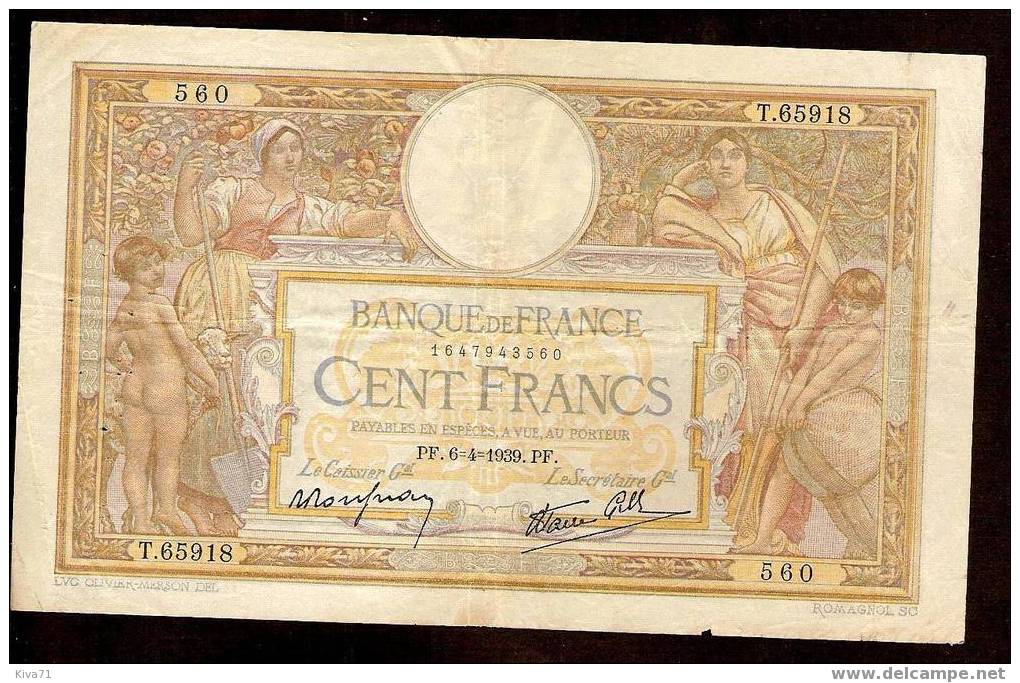 100 FRANCs "L.O.M."   6 4  1939   TTB+     F25 - 100 F 1908-1939 ''Luc Olivier Merson''
