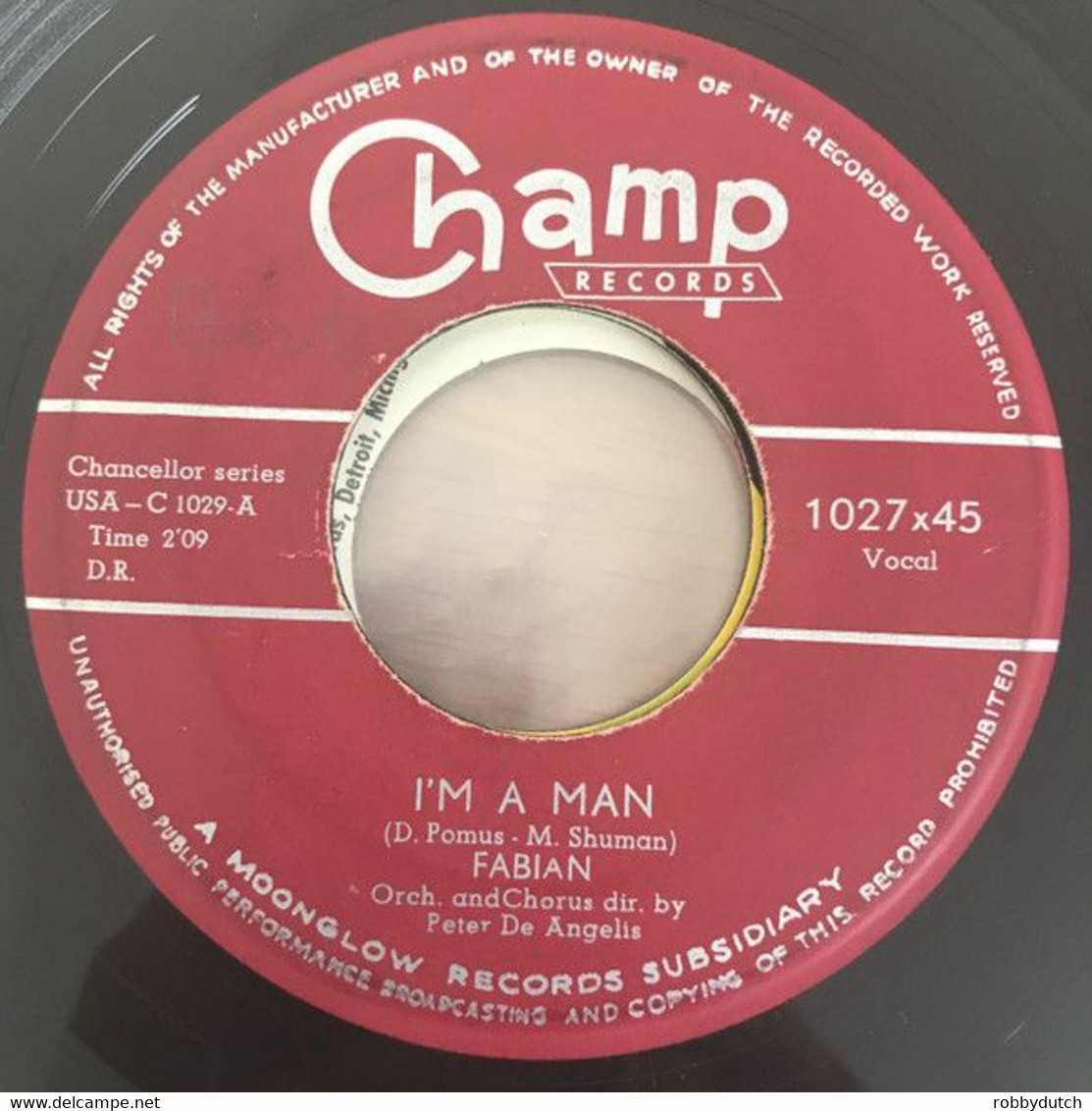 * 7" * FABIAN - I'M A MAN / HYPNOTIZED (1959 ?) On Champ Records - Verzameluitgaven