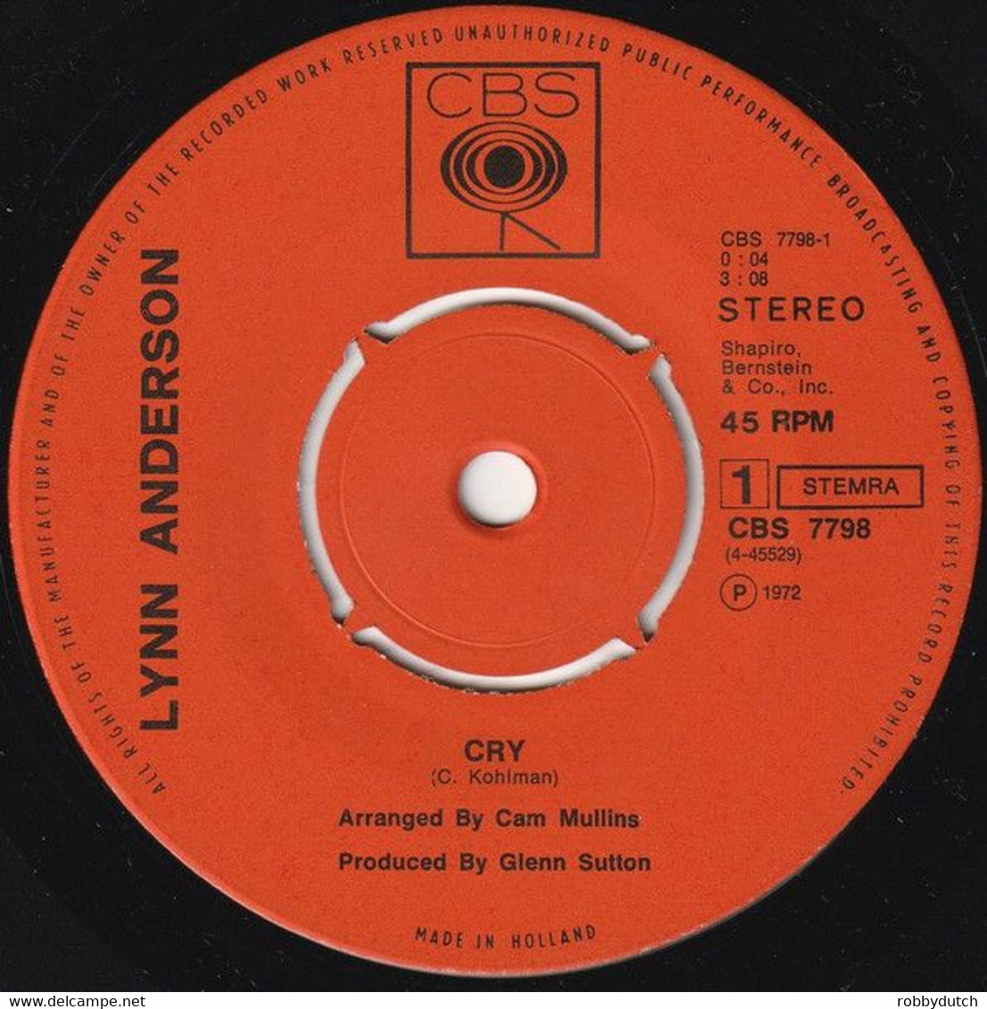 * 7" * LYNN ANDERSON - CRY / SIMPLE WORDS (1972) - Country & Folk