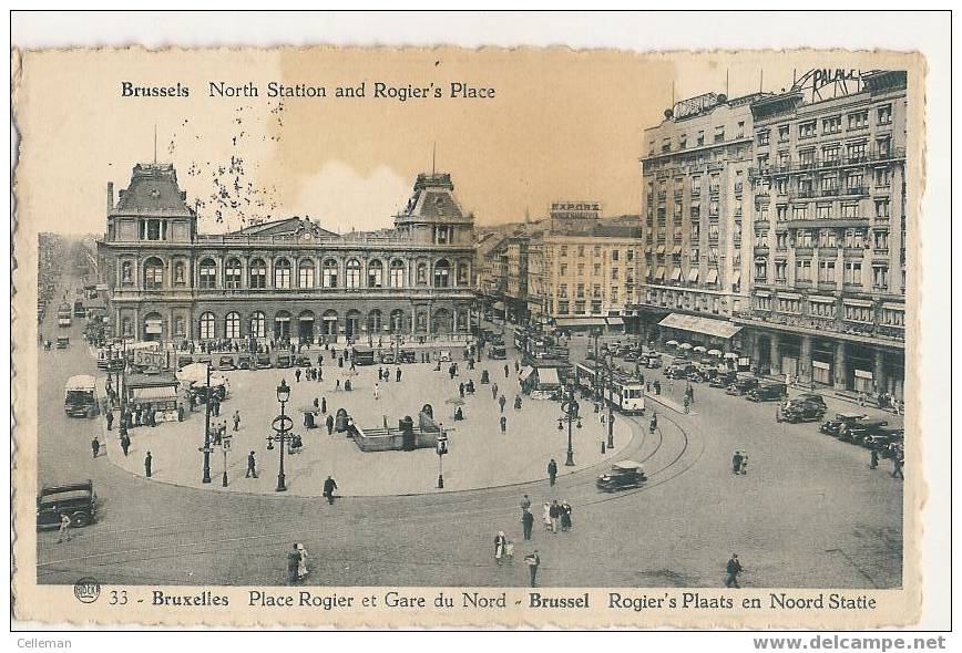 Brussel  Place Rogier Et Gare Du Nord Animé + Tram 1947 (d725) - Transport (rail) - Stations