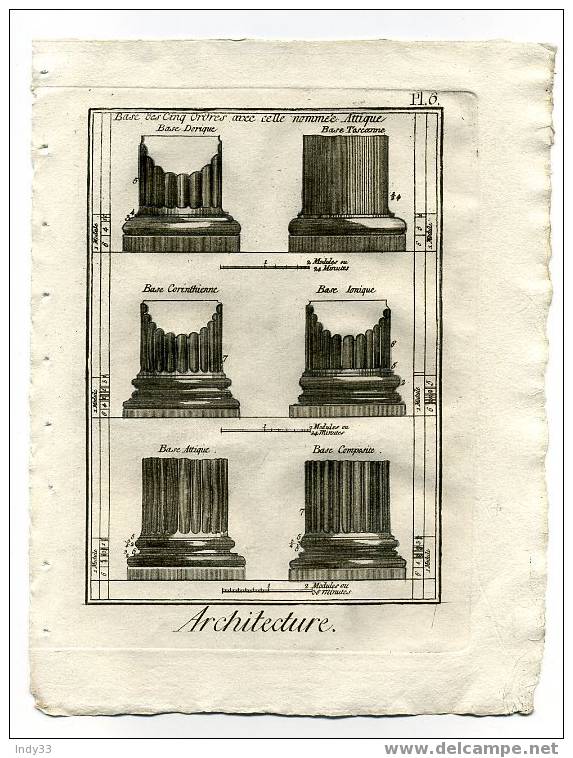 - "ARCHITECTURE. PL. 6. Base Des Cinq Ordres Avec Celle Nommée Attique". EAU FORTE DU XVIIIe S. - Architecture