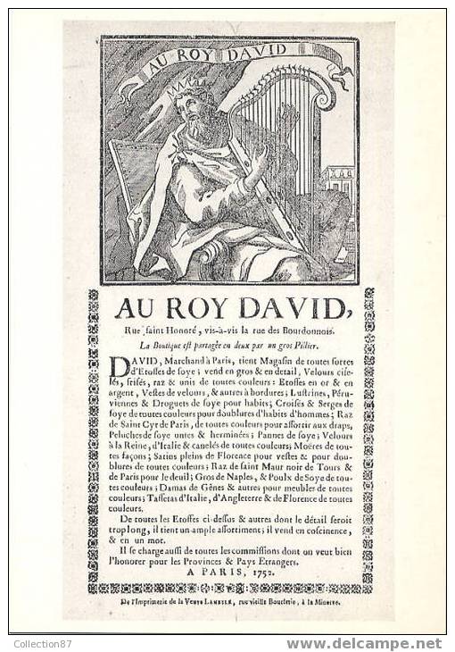 PUBLICITE AU ROY DAVID - MARCHAND D' ETOFFES - SERIE MYTHES & RELIGION - AFFICHETTE Pour MAGASIN D'ETOFFES PARISIEN - - Reclame