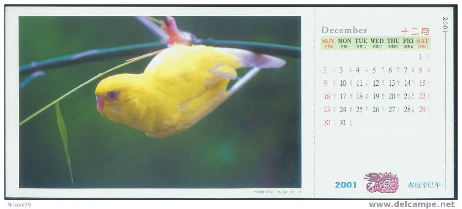 Bird - Oiseau - Parrot - Fischer´s Lovebird(Agapornis Personata) Prepaid Postcard With The Monthly Calendar Of 2001-12 - Papagayos