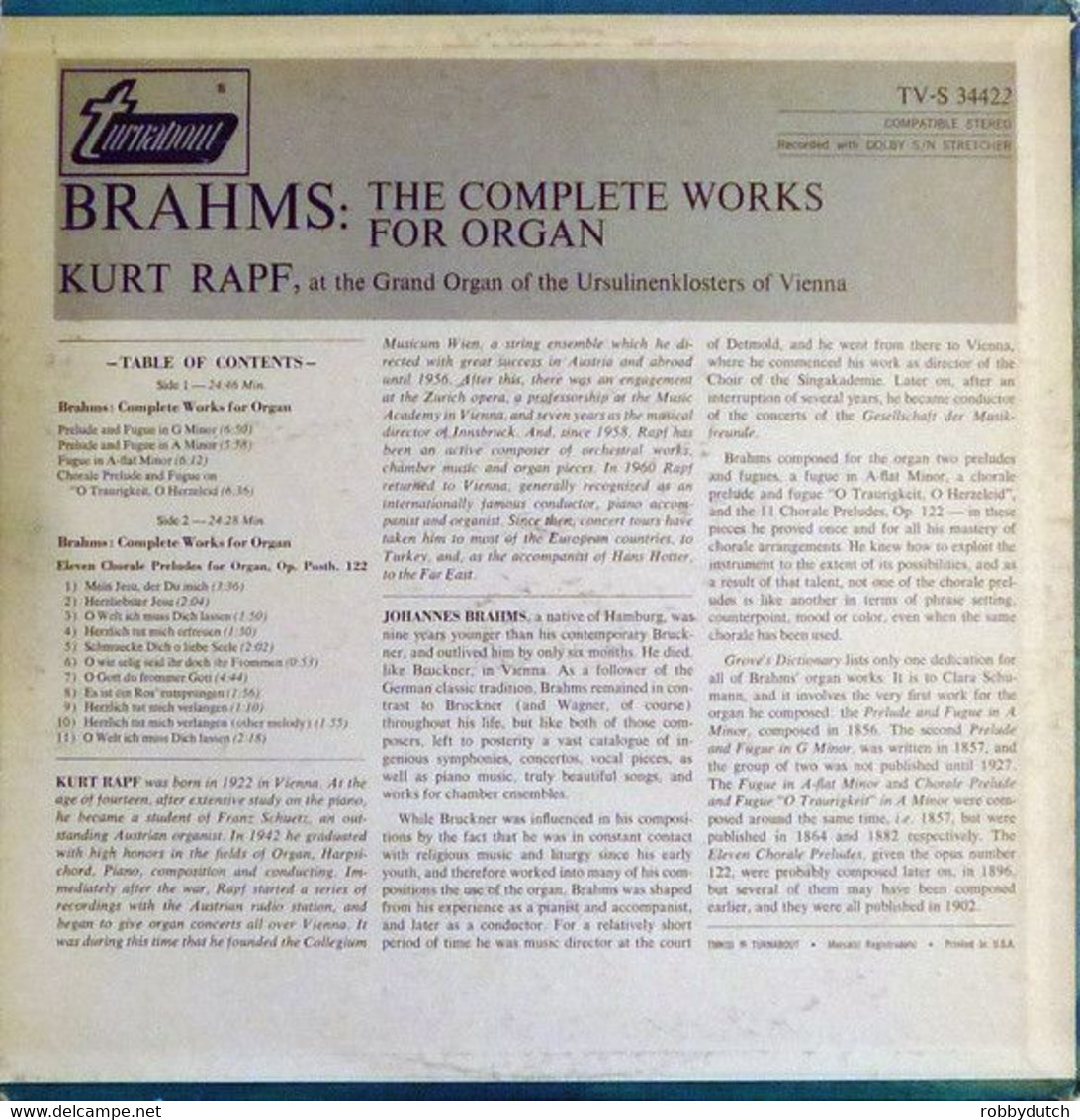 * LP * BRAHMS: THE COMPLETE WORKS FOR ORGAN - KURT RAPF Ex!!! - Klassik