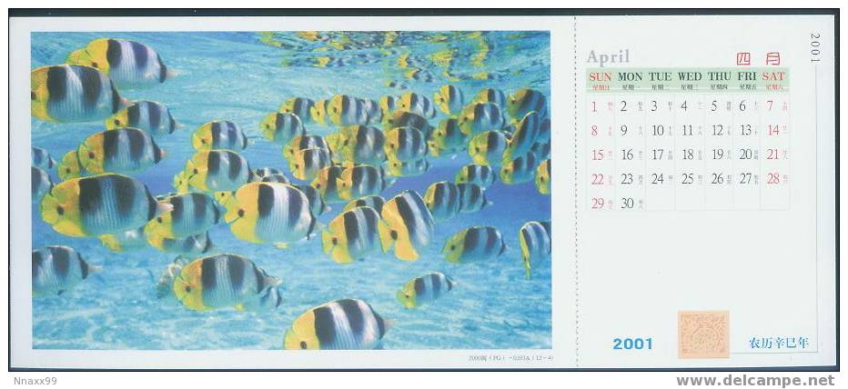 Fish - Poissons - Double Saddle Butterflyfish(Chaetodon Ulietensis) Prepaid Postcard With The Monthly Calendar Of 2001-4 - Fische Und Schaltiere
