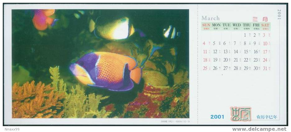 Fish - Poissons - Majestic Angelfish (Euxiphipops Navarchus) Prepaid Postcard With The Monthly Calendar Of 2001-03 - Fische Und Schaltiere
