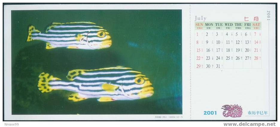 Fish - Poissons - Oriental Sweetlips (Plectorhinchus Orientalis) Prepaid Postcard With The Monthly Calendar Of 2001-07 - Fische Und Schaltiere
