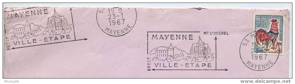 1967---MAYENNE--53--Ville -étape Sur Timbre Coq à 0.30 (vers Mont St Michel Ou Brest)--double Passage  De L'oblitération - 1961-....