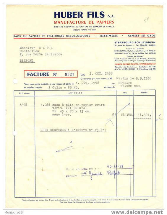 Facture Dactylographiée De 1958 De HUBER FILS S.A. Manufacture De Papiers De Strasbourg - Druck & Papierwaren