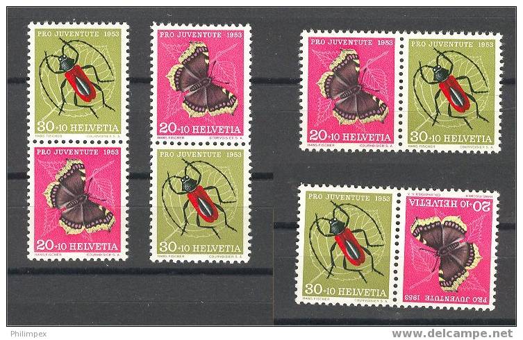 SWIZERLAND, PRO JUVENTUTE 1953 TETE BECHE + SE TENANTS, BUTTERFLIES TOPIC, ALL MINT NEVER HINGED **! - Collections