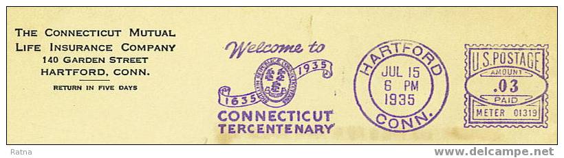 USA : EMA Violette /lettre Tricentenaire Connecticut 1935 Etat Blason Meter Superbe ! - Us Independence