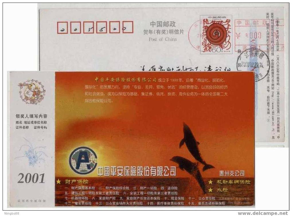 Jumping Dolphin,China 2001 Ping'an Insurance Company Advertising Pre-stamped Card - Delfine