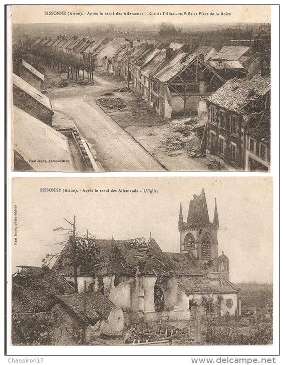 02 - SISSONNE - Lot De 3 Cartes -  Vue Panoramique - Après Le Recul Des Allemands : L'Eglise - L'Hôtel De Ville - Sissonne