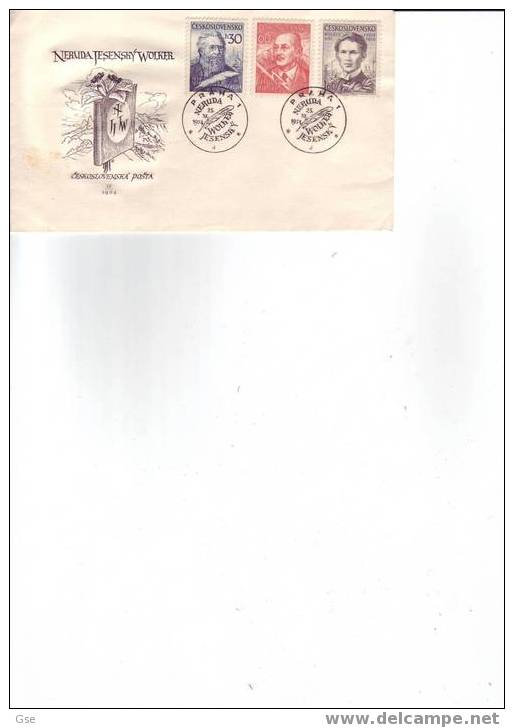 CECOSLOVACCHIA 1954 - FDC - Yvert  782/4 - Annullo Speciale Illustrato - Neruda-Jensesky-Wolker - Letteratura - FDC