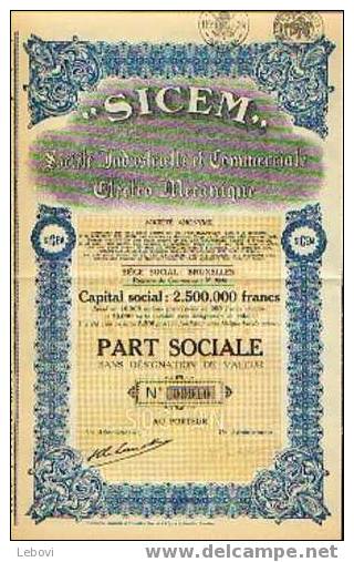 BRUXELLES "SICEM - Soc. Ind. & Com. électromécanique" - Part Sociale (1932) - Industrie