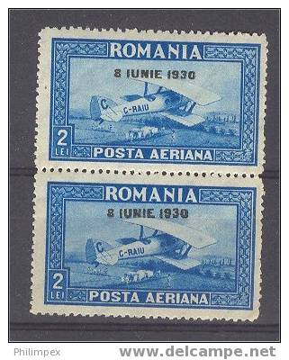 ROMANIA,  PAIR AIRPOST 2 LEI - 8 JUNE 1930 - NEVER HINGED ** - Unused Stamps