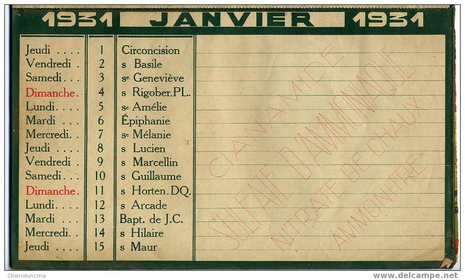 Calendrier De 1931 French Calendar Agriculture Cultures De Printemps Et D'Automne Amoniaque Engrais Etc.. - Small : 1921-40
