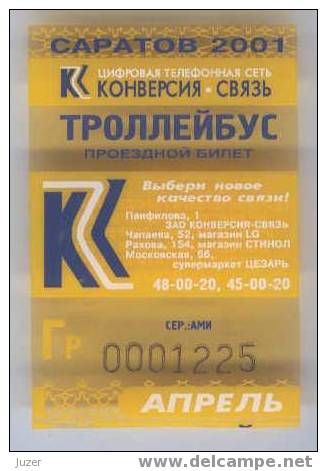 Russia, Saratov: Month Trolleybus Ticket 2001/04 - Europa