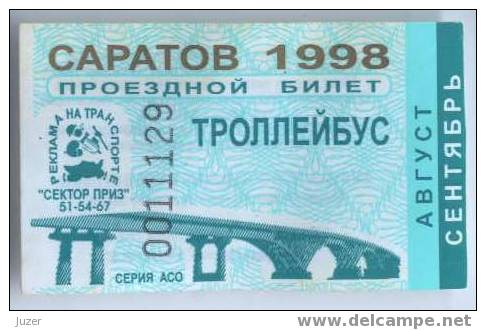 Russia, Saratov: Month Trolleybus Ticket 1998/09 - Europe