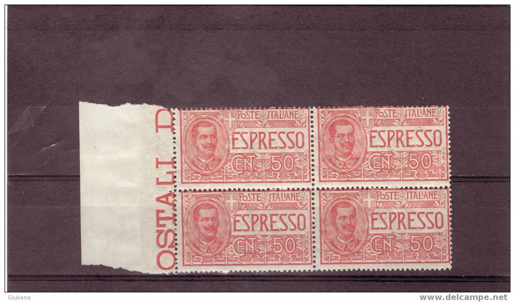 Italia Regno - N. E4** In Blocco Di 4v (Sassone) 1920  Espresso  Effige Di Vittorio Emanuele III - Eilsendung (Eilpost)