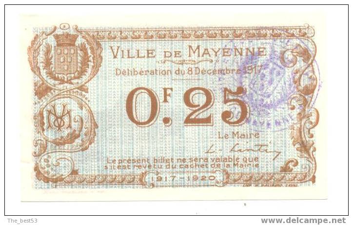 Billet De Nécéssité De 0.25 Fr Ville De Mayenne - Notgeld