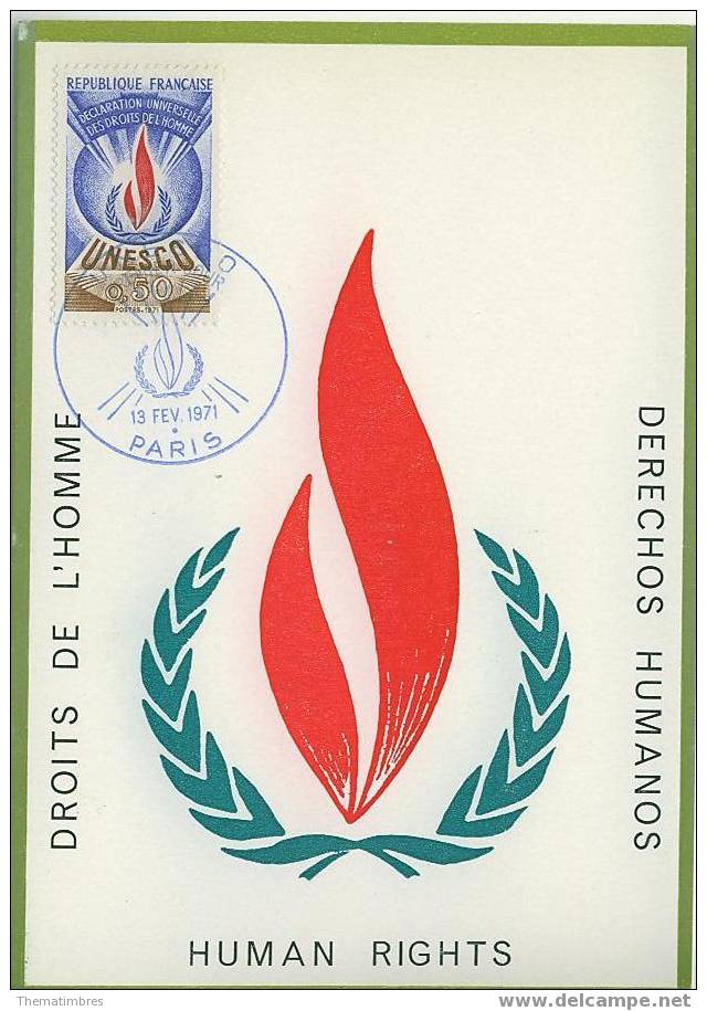 CM0202 Unesco Declaration Universelle Des Droits De L Homme Service 41 France 1971 Carte MAXIMUM FDC - Altri & Non Classificati