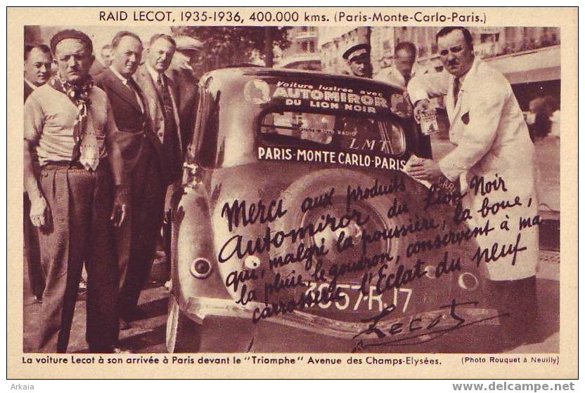 CHAMPS-ELYSEES = Raid Lecot (1935-6) 400.000 Km Paris-Monte-Carlo-Paris - Autres & Non Classés