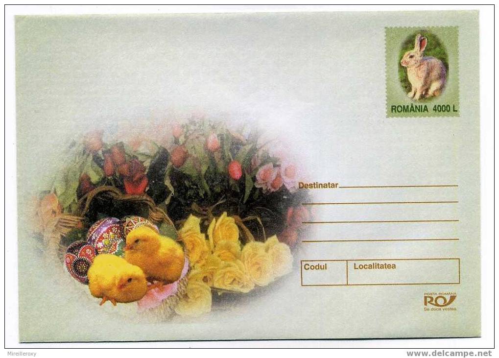 PAP PRET A POSTER ROUMANIE PÂQUES OEUF  NAIN LAPIN POUSSINS ROSE / STATIONERY - Pascua