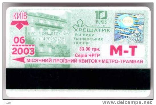 Ukraine: Month Metro And Tram Card From Kiev 2003/06 - Europe