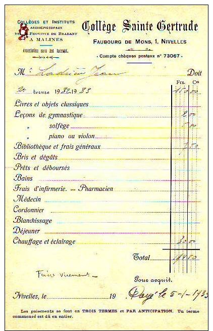 Facture.Collège Sainte Gertrude. Nivelles 1933 - Other & Unclassified