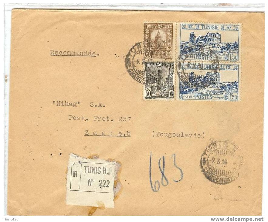 REF LMM6 - TUNISIE LETTRE RECOMMANDEE TUNIS / ZAGREB (YOUGOSLAVIE) 9/10/1930 - Lettres & Documents