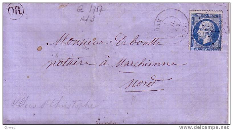 LAC 23-7-1864 Pour Marchiennes Affr N° 22-Obl GC 1757 Ham (76) Ind 3 + OR De Villers St Christophe - 1849-1876: Classic Period