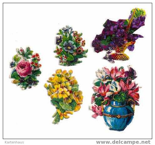 5 Alte Glanzbilder Blumen  + Oblaten - Flowers