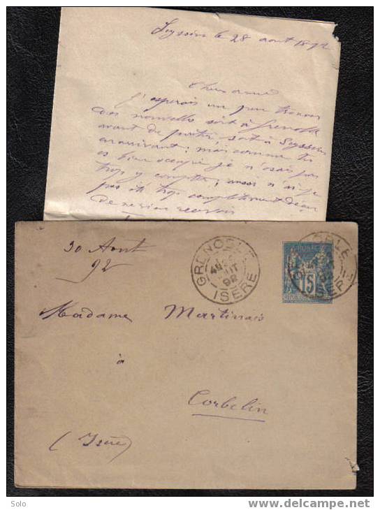 Entier Postal Sur Enveloppe - Sage 15c Bleu - 1892 - Oblitérations GRENOBLE Et CORBELIN - Standaardomslagen En TSC (Voor 1995)