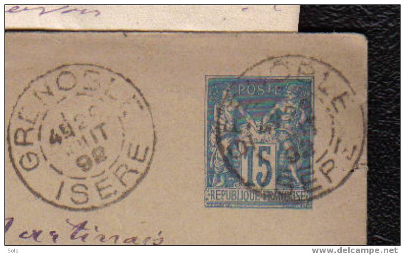 Entier Postal Sur Enveloppe - Sage 15c Bleu - 1892 - Oblitérations GRENOBLE Et CORBELIN - Standaardomslagen En TSC (Voor 1995)