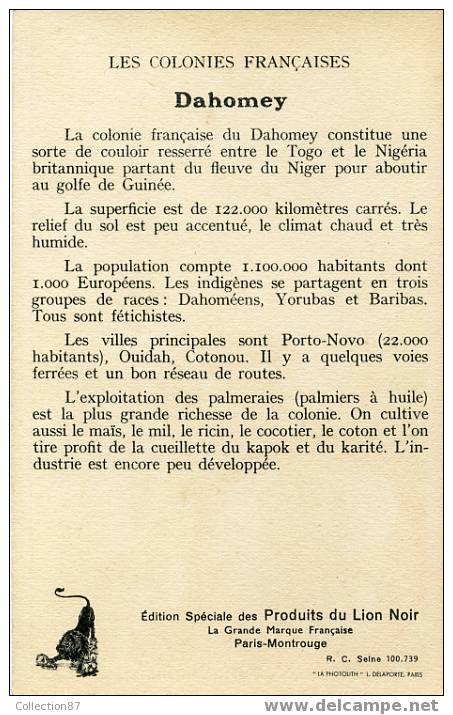 AFRIQUE - DAHOMEY - INDIGENES FETICHISTES - RESSOURCE PRINCIPALE PALMIER à HUILE - PUB LION NOIR - Dahome