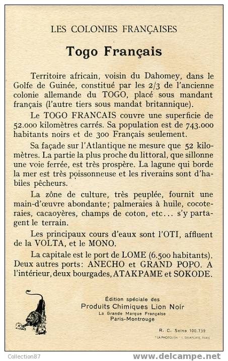 AFRIQUE - TOGO - RESSOURCE PRINCIPALE COTON - CACAO - NOIX De COCO - PALMIER à HUILE - PUB LION NOIR - Togo