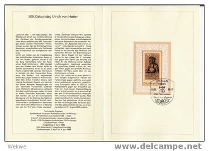 DDR023/ ETB Nr. 10, 1988 – Block Ulrich Von Hutten - 1e Jour – FDC (feuillets)