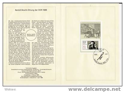 DDR038/ ETB Nr. 3, 1988 – Berthold Brecht-Block - 1e Jour – FDC (feuillets)