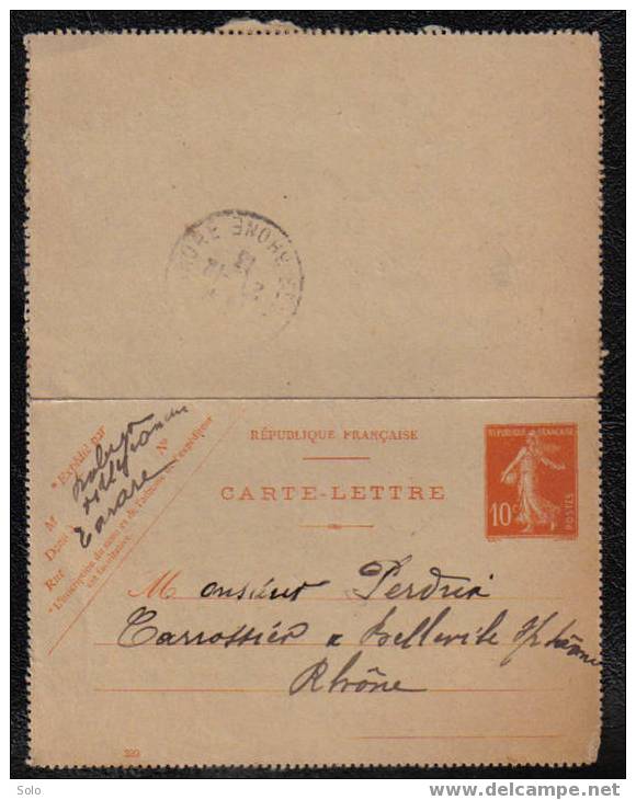 CP - 10c Semeuse Rouge - Expédié De TARARE + Oblitération Belleville Sur Saône - Timbre Vierge - Cachet 1913 - Letter Cards