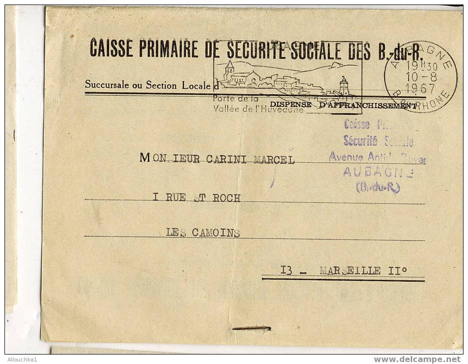 LETTRE EN FRANCHISE CIVILE SECURITE SOCIALE EN ORDINAIRE  & TIMBRE A DATE MANUEL LISIBLE 1967 + FLAMME AUBAGNE - Civil Frank Covers