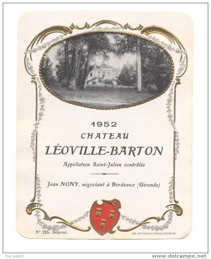 Etiquette Chateau Léoville - Barton   1952 - Autres & Non Classés