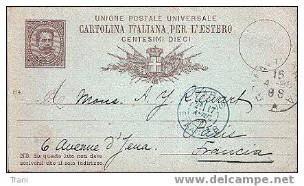 CARTOLINA POSTALE PER L´ESTERO - Anno 1886 - Entiers Postaux
