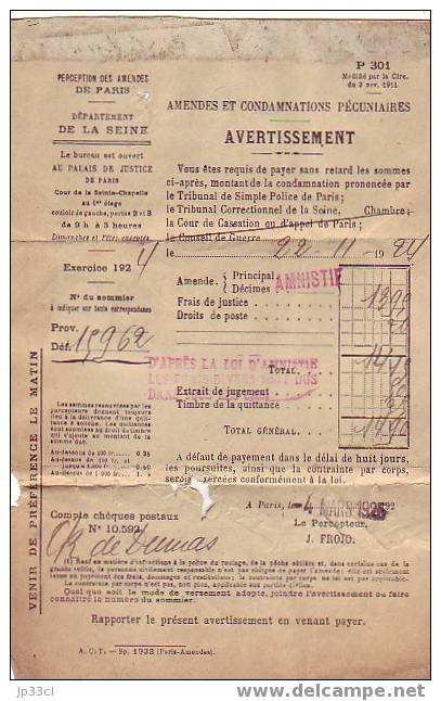 Avertissement D´Amendes Et Condamnations Pécuniaires De Paris Du 4/3/1925 Frojo Silvain - Documents Historiques