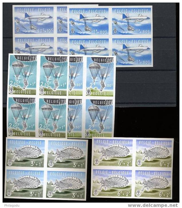 PARACHUTE  Belgium 1960 Blocks Of 4 IMPERFORATED   Aircraft DC4   Only 35 Blocks Of 4 Exists - Parachutting