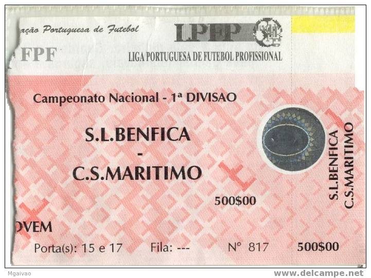 Portuguese League Ticket - Benfica - Maritimo 1997 - Apparel, Souvenirs & Other