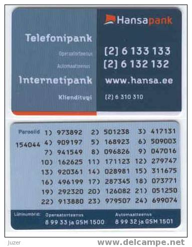 Estonia: Internet Banking Card From Hansabank (2) - Carte Di Credito (scadenza Min. 10 Anni)