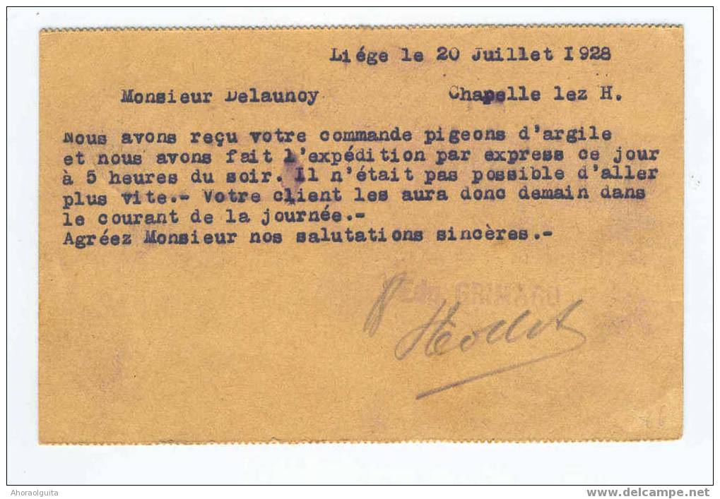 Carte Houyoux LIEGE 1928 - Entete Edgard GRIMARD Fabricant D ´ Armes   --  4/868 - 1922-1927 Houyoux