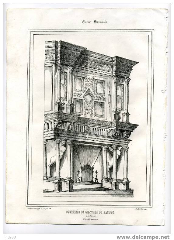 "CHEMINEE DU CHATEAU DE LAUZUN à Lauzun (Lot-et-Garonne)". LITHO DU XIXe S. - Lithographies